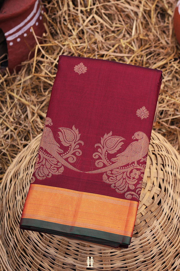 Kanchipuram Silk Saree In Burgundy Red With Floral Buttas