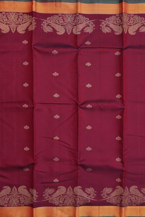 Kanchipuram Silk Saree In Burgundy Red With Floral Buttas