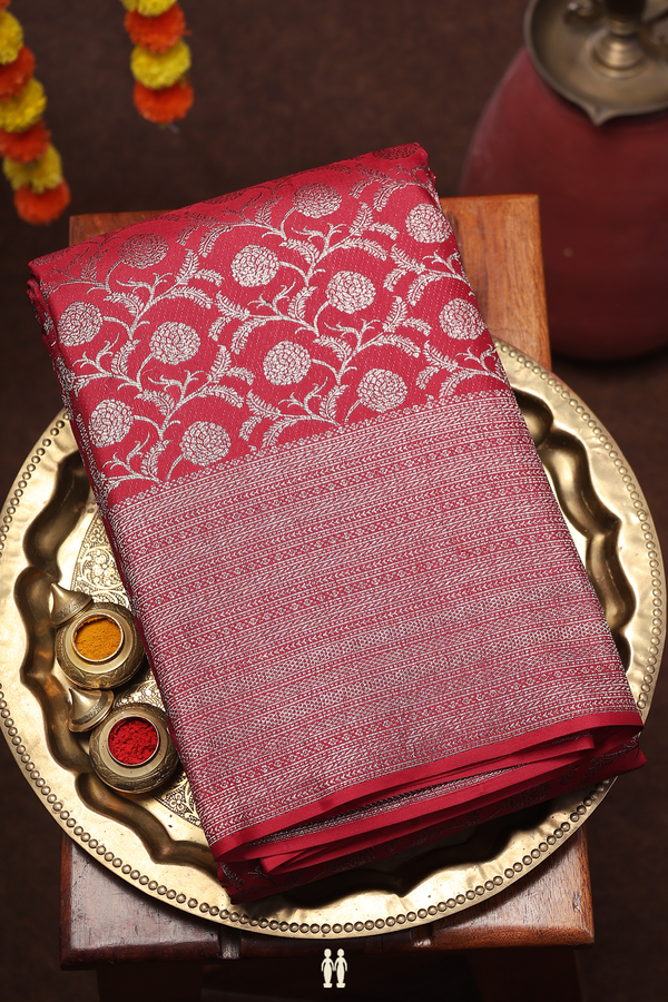 Kanchipuram Silk Saree In Burgundy Red With Floral Design