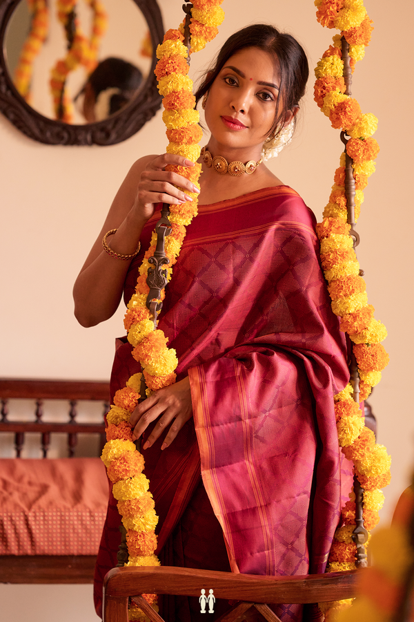 Kanchipuram Silk Saree In Burgundy Red With Jacquard Pattern