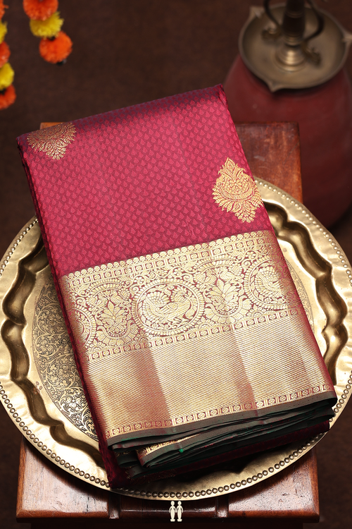 Kanchipuram Silk Saree In Burgundy Red With Jacquard Pattern
