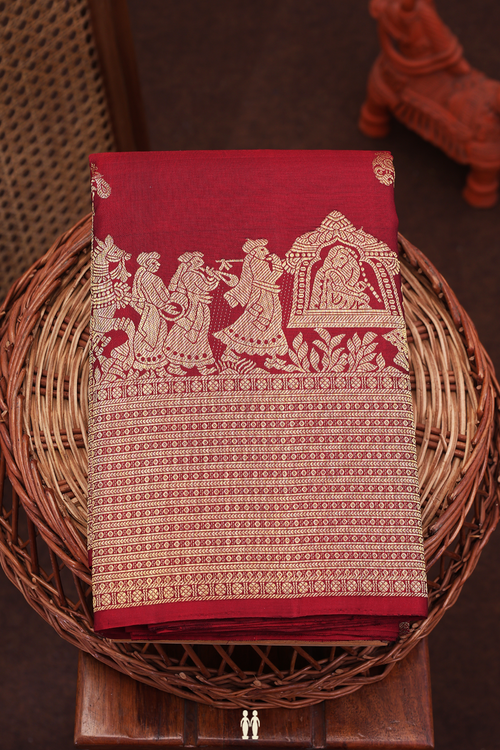 Kanchipuram Silk Saree In Burgundy Red With Peacock Buttas