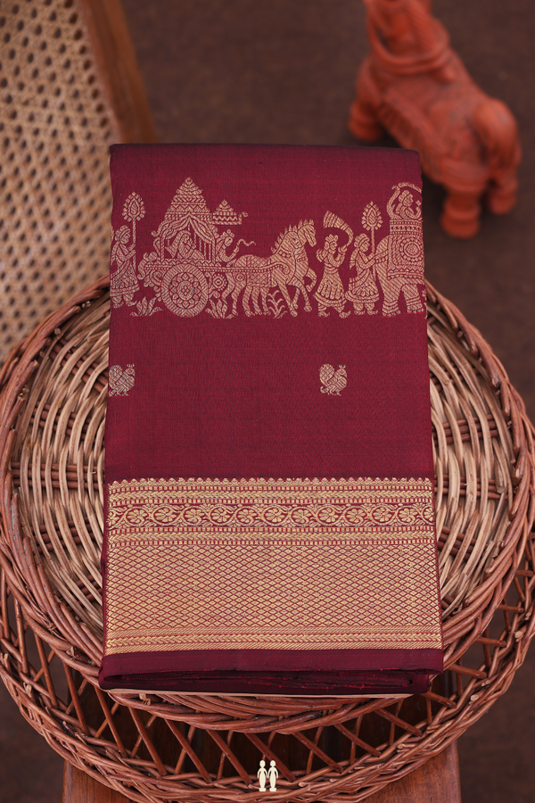 Kanchipuram Silk Saree In Burgundy Red With Peacock Buttas