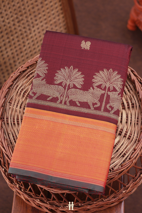 Kanchipuram Silk Saree In Burgundy Red With Peacock Buttas