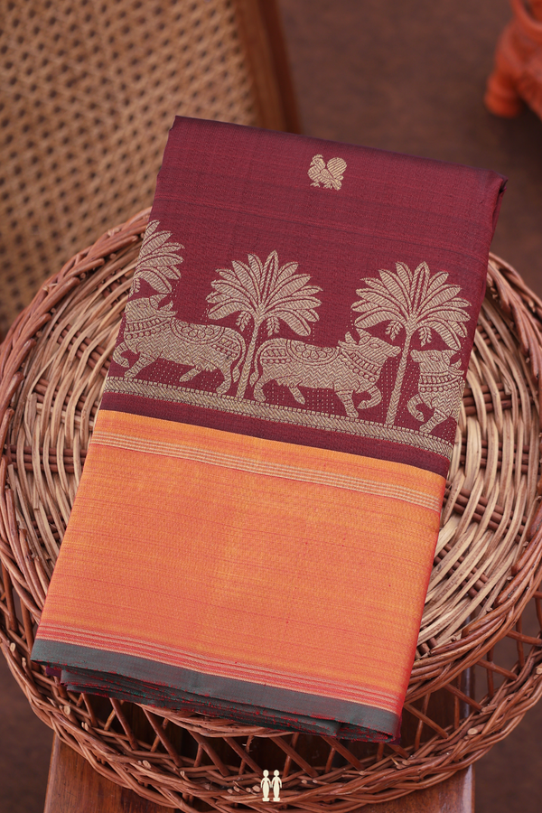 Kanchipuram Silk Saree In Burgundy Red With Peacock Buttas