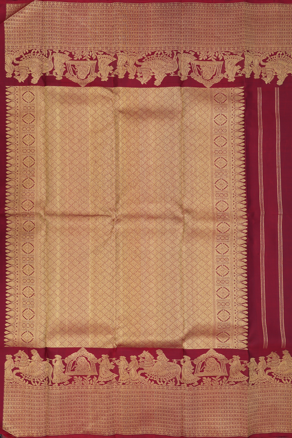 Kanchipuram Silk Saree In Burgundy Red With Peacock Buttas