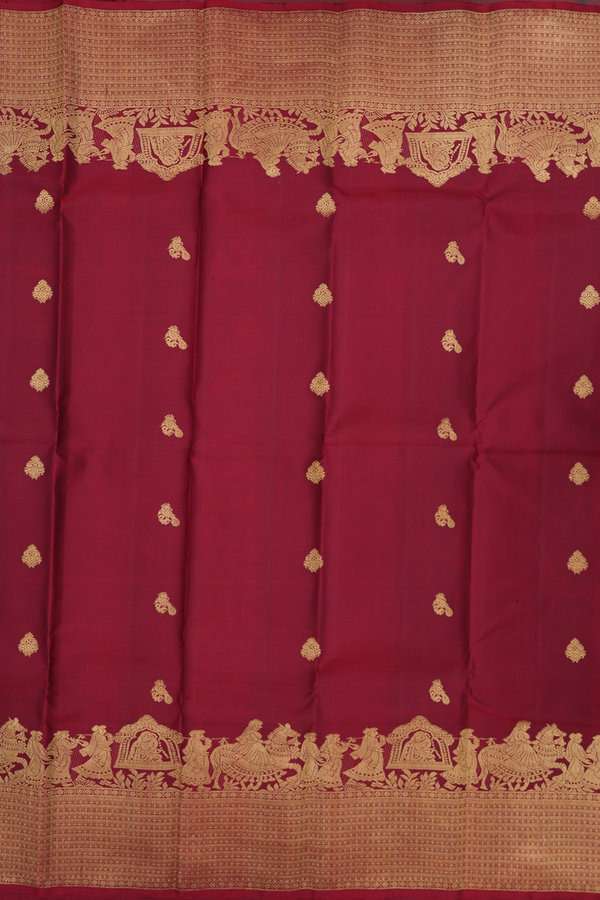 Kanchipuram Silk Saree In Burgundy Red With Peacock Buttas