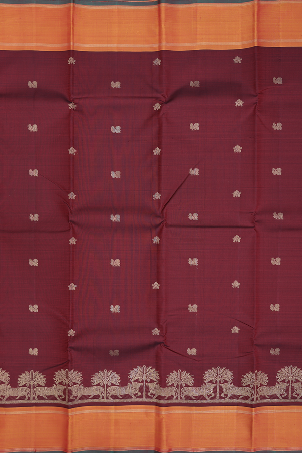 Kanchipuram Silk Saree In Burgundy Red With Peacock Buttas