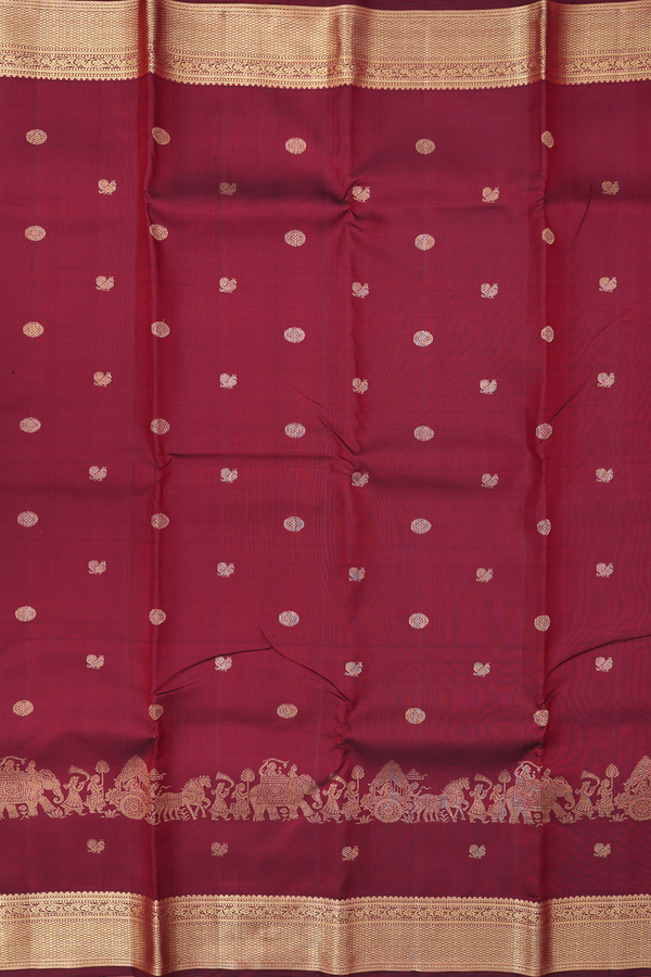 Kanchipuram Silk Saree In Burgundy Red With Peacock Buttas