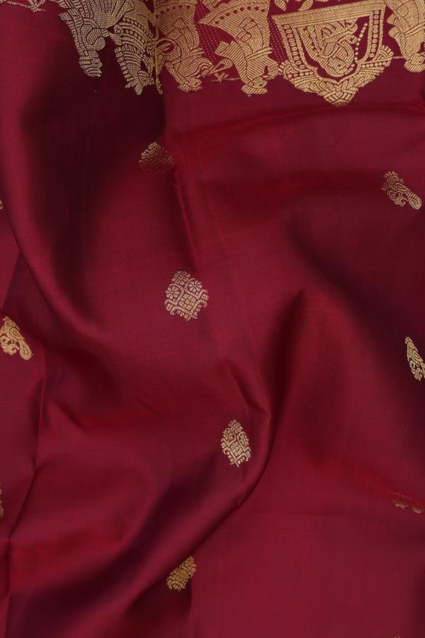Kanchipuram Silk Saree In Burgundy Red With Peacock Buttas