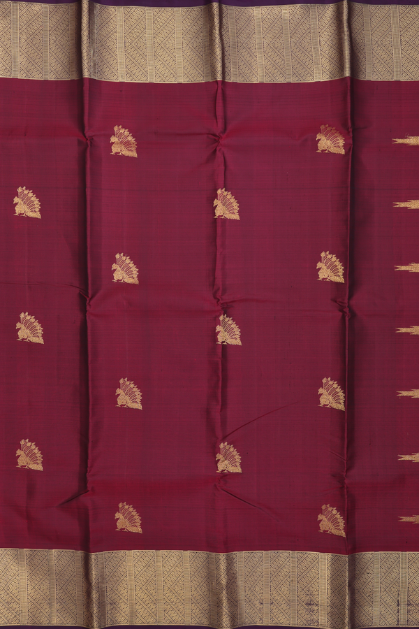 Kanchipuram Silk Saree In Burgundy Red With Peacock Motifs