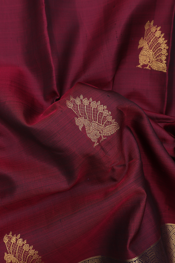 Kanchipuram Silk Saree In Burgundy Red With Peacock Motifs