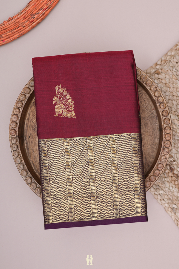 Kanchipuram Silk Saree In Burgundy Red With Peacock Motifs