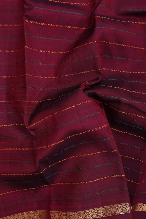 Kanchipuram Silk Saree In Burgundy Red With Stripes Design