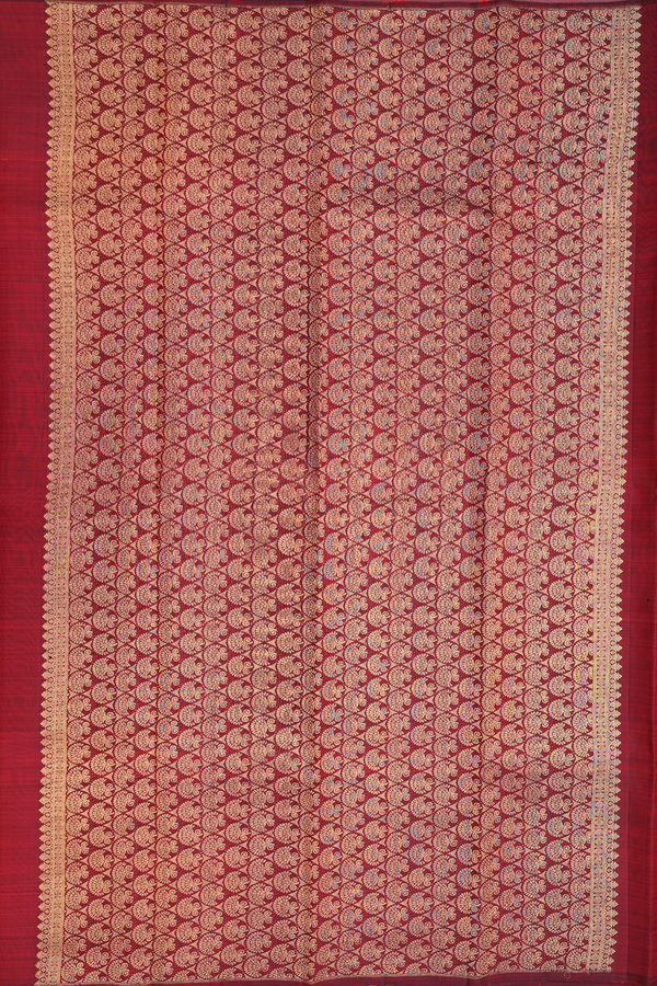 Kanchipuram Silk Saree In Burgundy Red With Zari Motifs