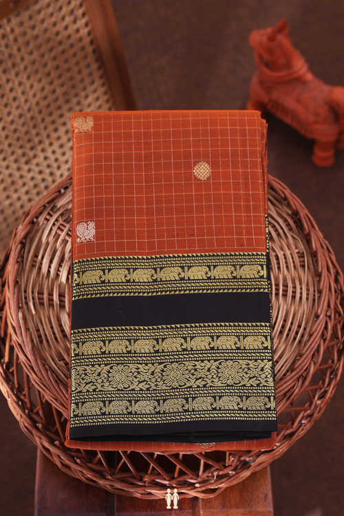 Kanchipuram Silk Saree In Burnt Orange With Checks Design