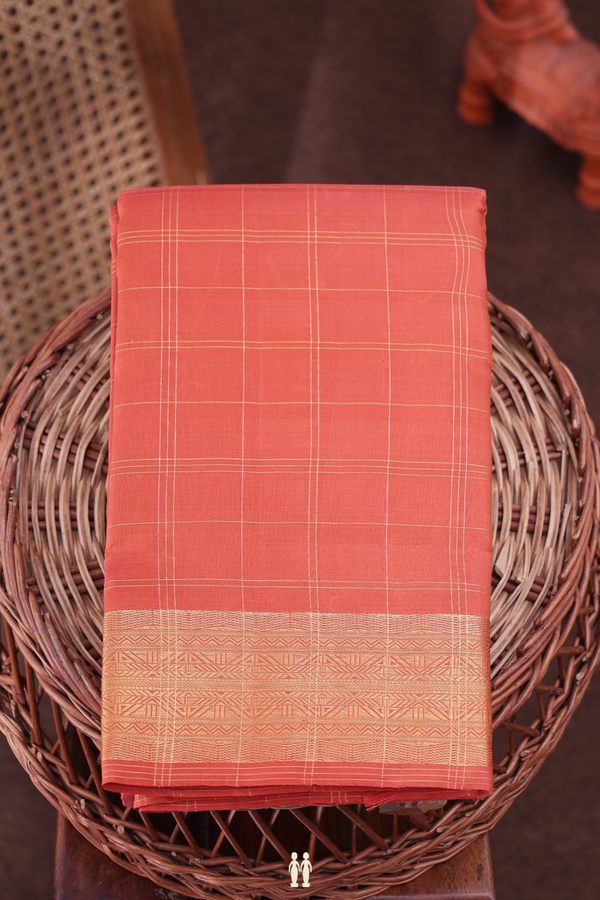 Kanchipuram Silk Saree In Burnt Orange With Checks Design