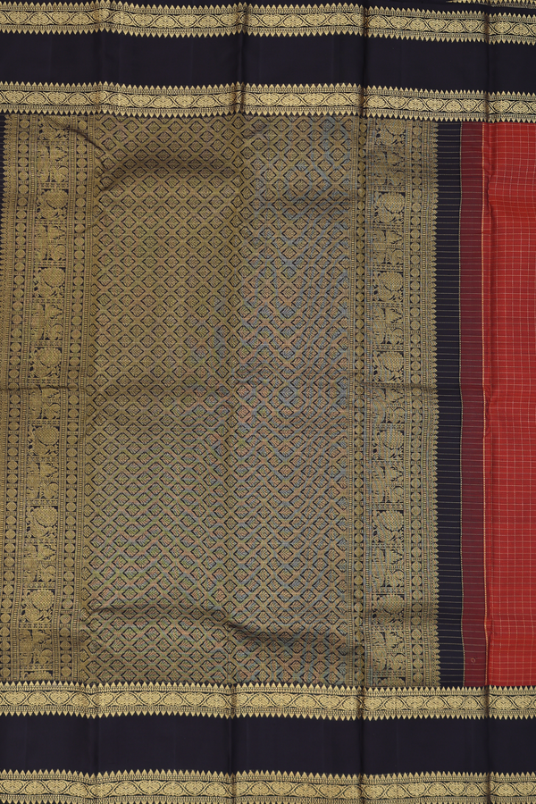 Kanchipuram Silk Saree In Rust Orange With Checks Design