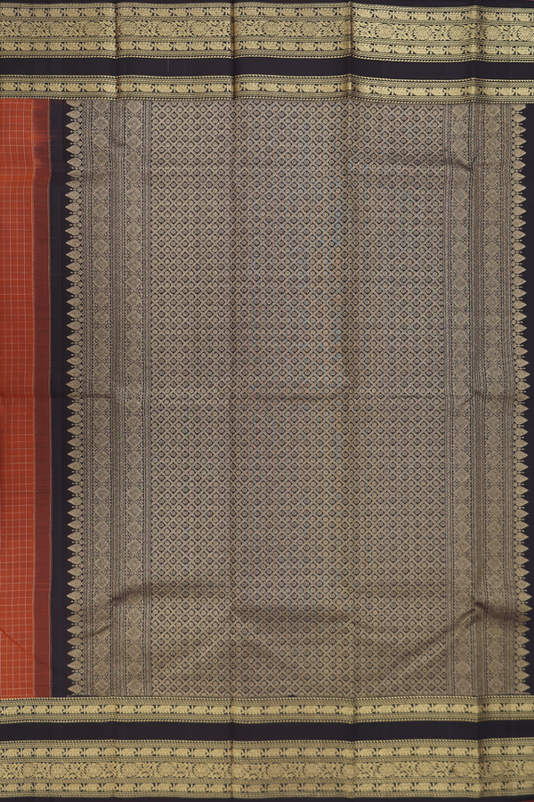 Kanchipuram Silk Saree In Burnt Orange With Checks Design