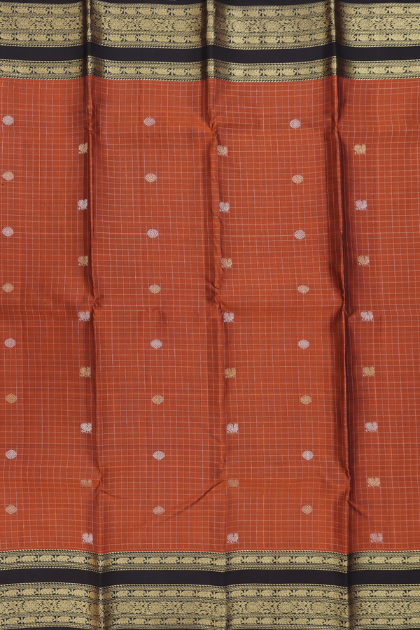 Kanchipuram Silk Saree In Burnt Orange With Checks Design