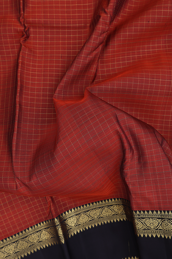 Kanchipuram Silk Saree In Rust Orange With Checks Design
