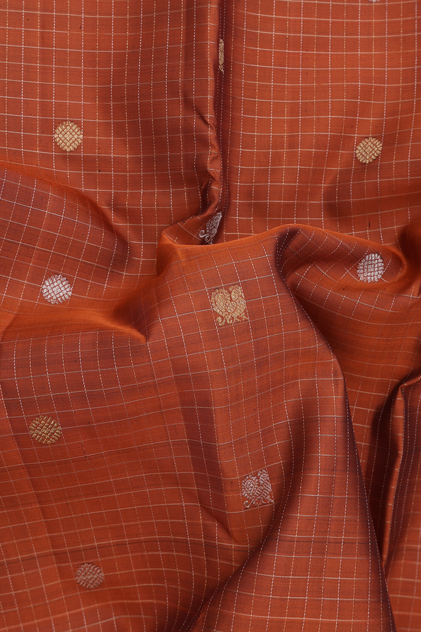 Kanchipuram Silk Saree In Burnt Orange With Checks Design