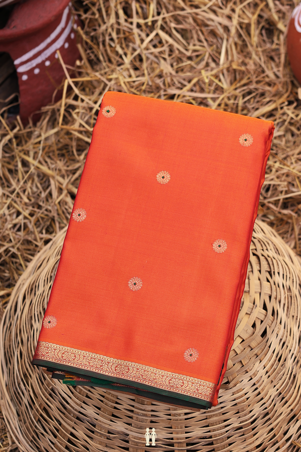 Kanchipuram Silk Saree In Burnt Orange With Floral Buttas