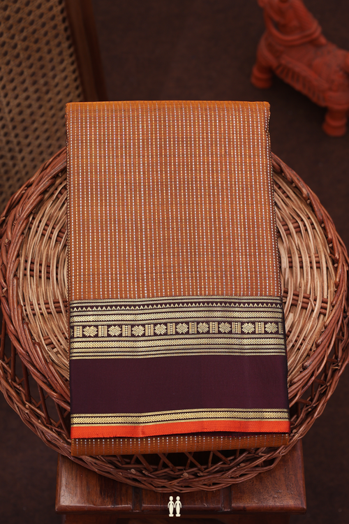 Kanchipuram Silk Saree In Burnt Orange With Stripes Design