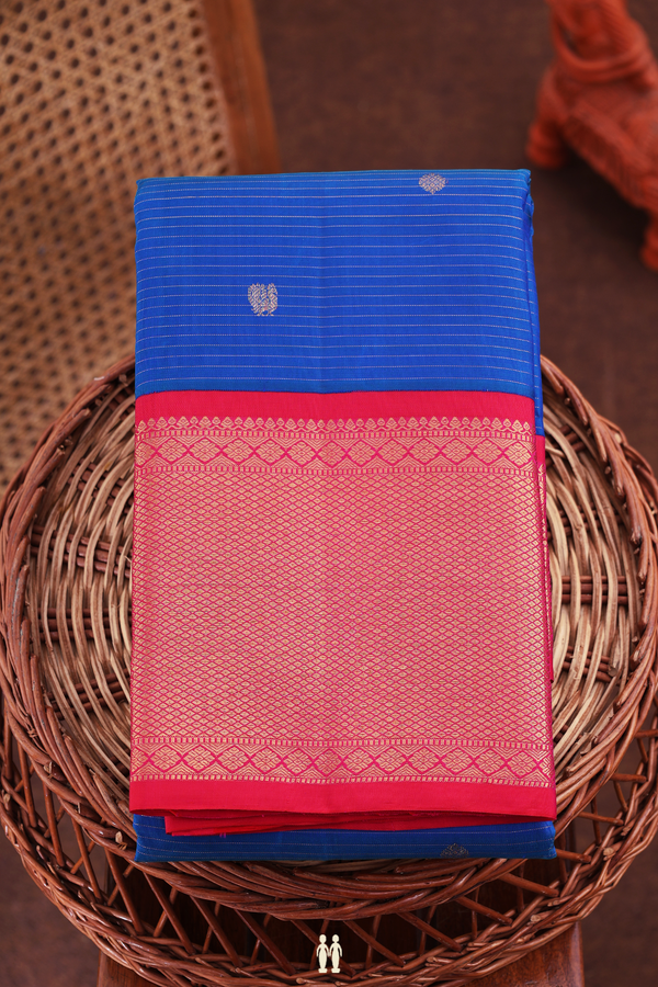 Kanchipuram Silk Saree In Cobalt Blue Stripes Along With Buttas