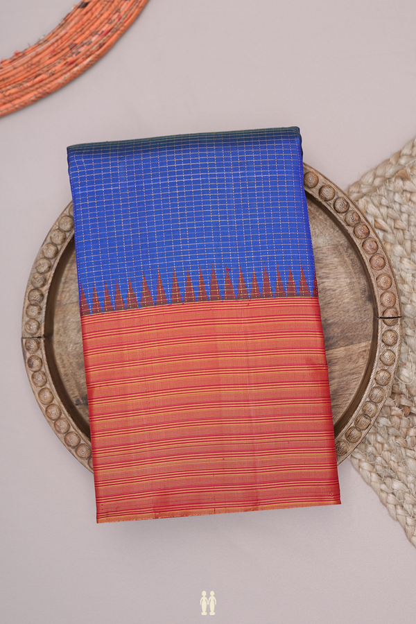 Kanchipuram Silk Saree In Capri Blue With Checks Design