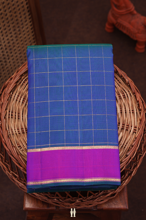 Kanchipuram Silk Saree In Capri Blue With Checks Design