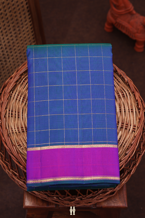 Kanchipuram Silk Saree In Capri Blue With Checks Design