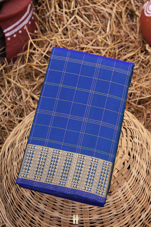 Kanchipuram Silk Saree In Capri Blue With Checks Design