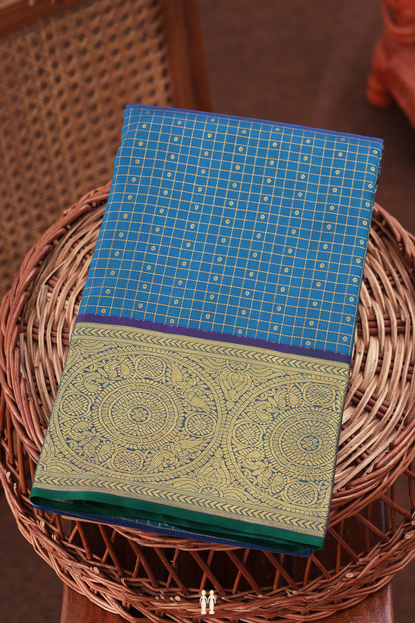 Kanchipuram Silk Saree In Capri Blue With Checks Design