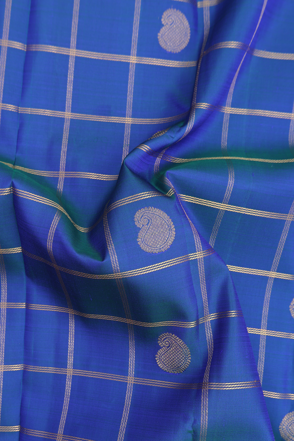 Kanchipuram Silk Saree In Capri Blue With Checks Design