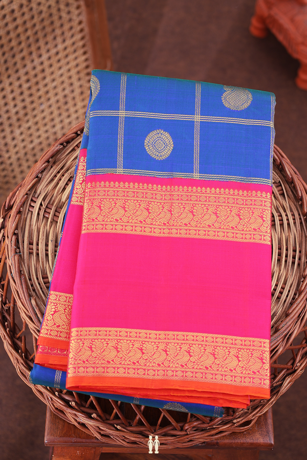 Kanchipuram Silk Saree In Capri Blue With Checks Design