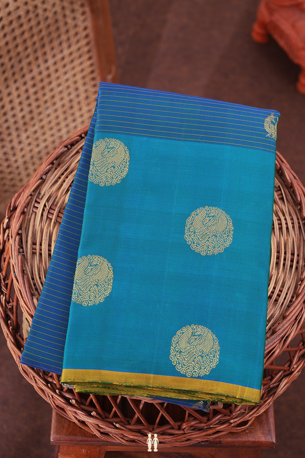 Kanchipuram Silk Saree In Capri Blue Along Stripes With Buttas