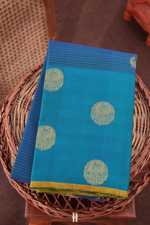 Kanchipuram Silk Saree In Capri Blue Along Stripes With Buttas