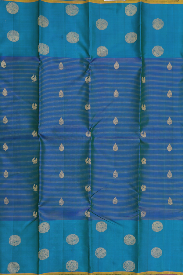 Kanchipuram Silk Saree In Capri Blue Along Stripes With Buttas