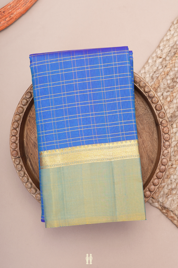 Kanchipuram Silk Saree In Cerulean Blue With Checks Design
