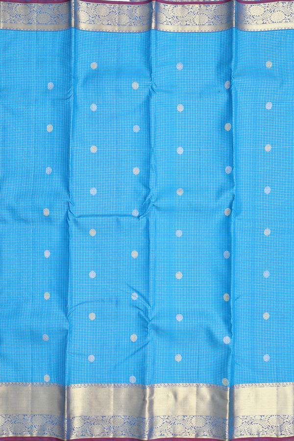 Kanchipuram Silk Saree In Cerulean Blue With Checks Design