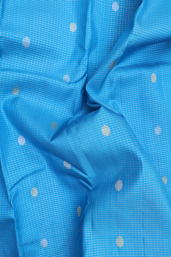 Kanchipuram Silk Saree In Cerulean Blue With Checks Design