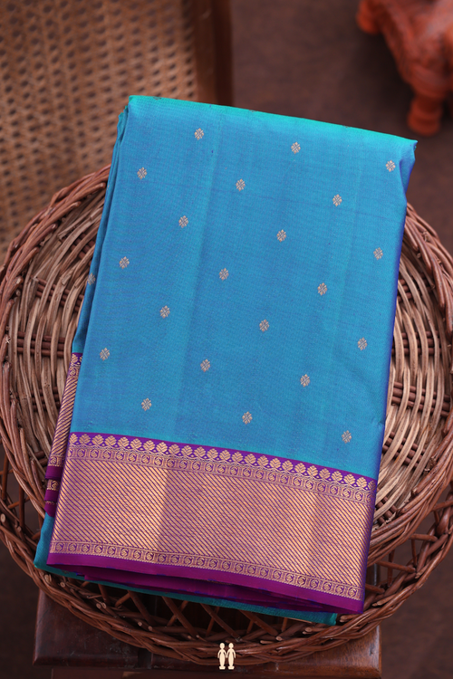 Kanchipuram Silk Saree In Cerulean Blue With Floral Buttis