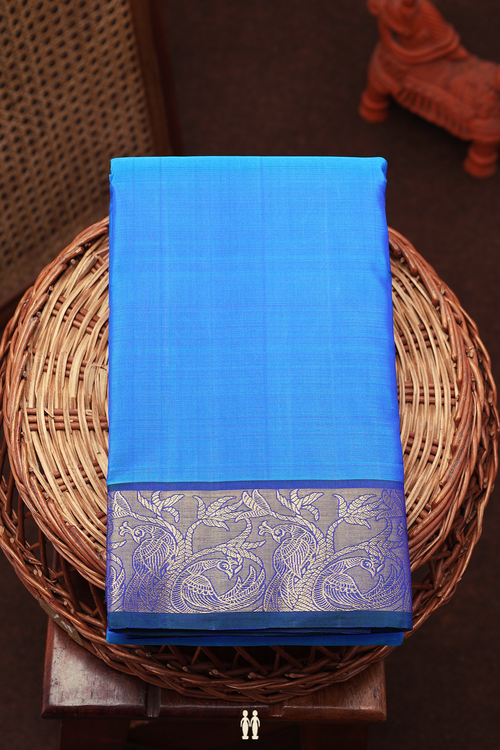 Kanchipuram Silk Saree In Cerulean Blue With Peacock Border