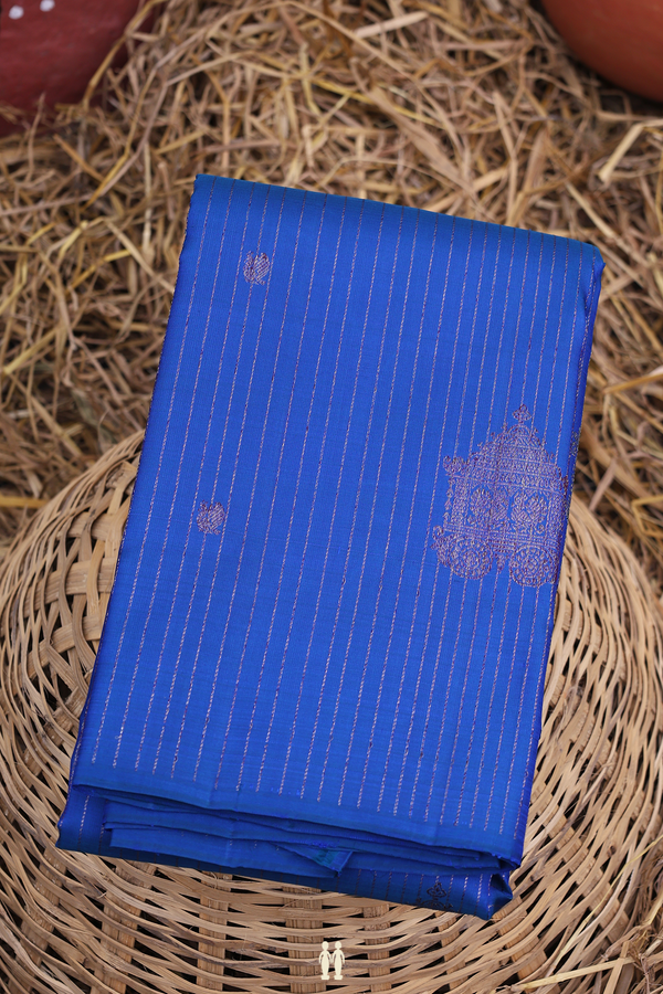 Kanchipuram Silk Saree In Cerulean Blue With Stripes Design