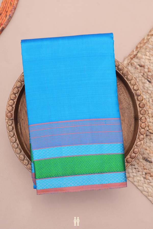 Kanchipuram Silk Saree In Cerulean Blue With Threadwork Border