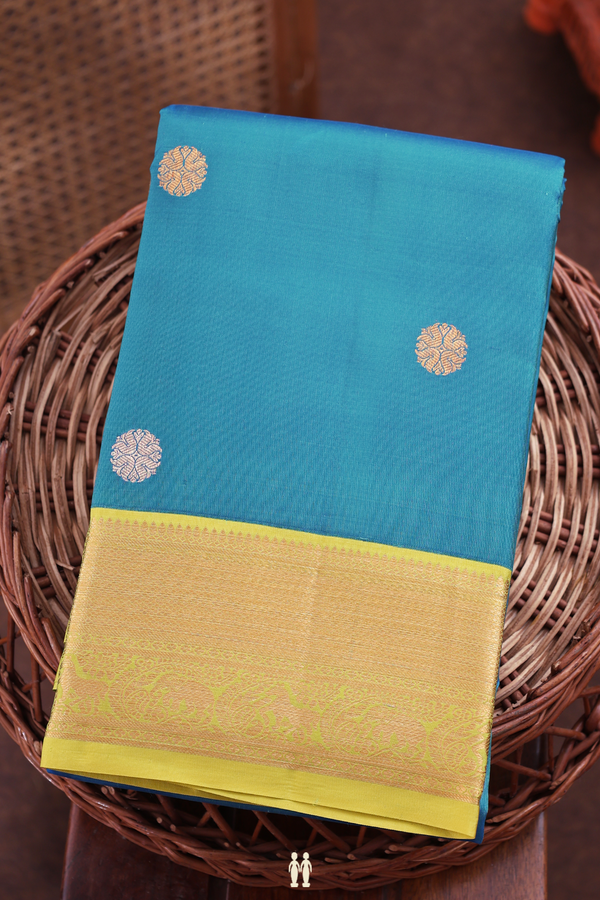 Kanchipuram Silk Saree In Cerulean Blue With Zari Buttas