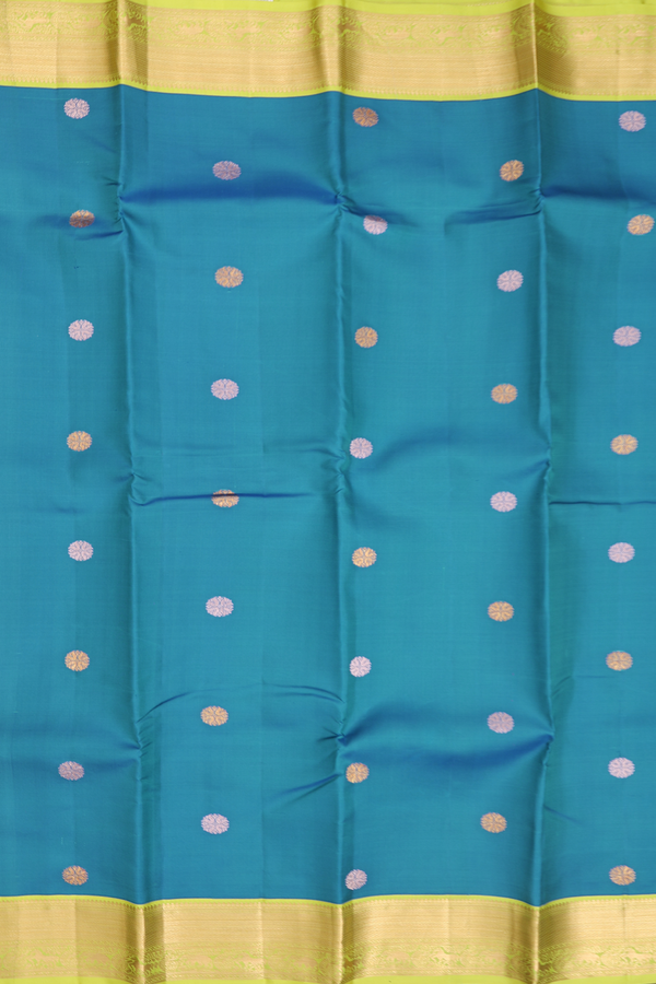 Kanchipuram Silk Saree In Cerulean Blue With Zari Buttas