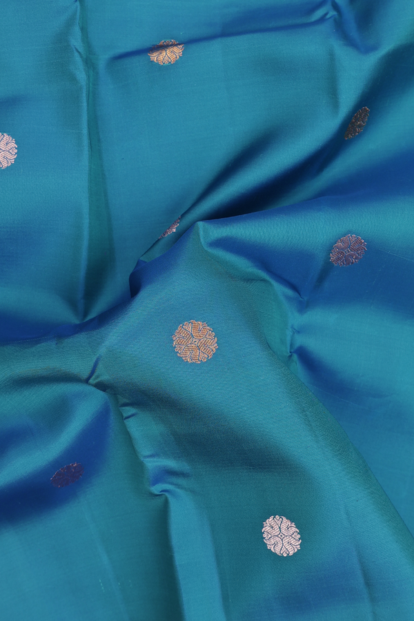 Kanchipuram Silk Saree In Cerulean Blue With Zari Buttas