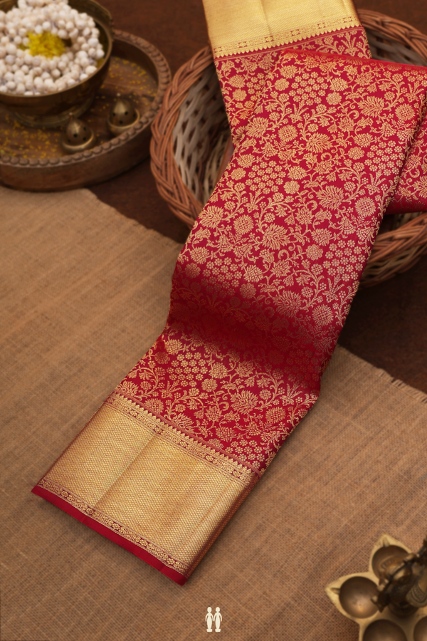 Kanchipuram Silk Saree In Cherry Red With Floral Design